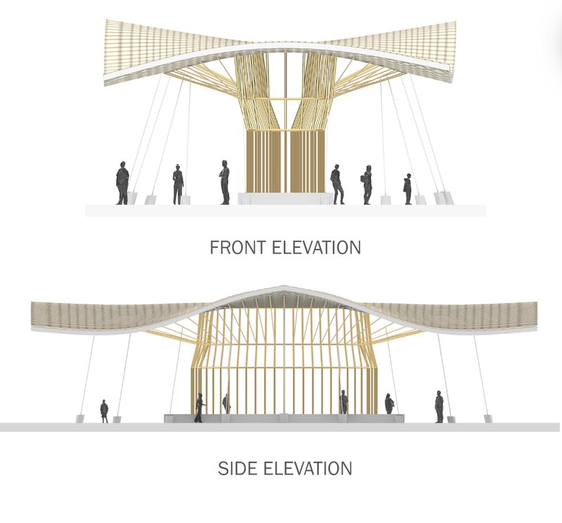 Front and side elevations showing the rhythmic bamboo structure and the wave-like roof profile that defines the pavilion’s identity.