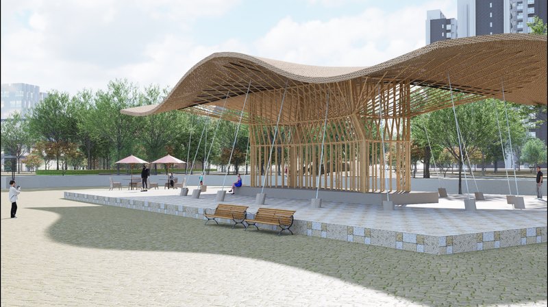 Rendered view of the Bamboo Tree Pavilion integrated within an urban waterfront landscape, creating a natural public gathering space.