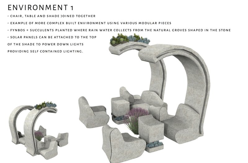 Expansive configuration showcasing multi-use modular systems for seating, shading, and urban greenery.