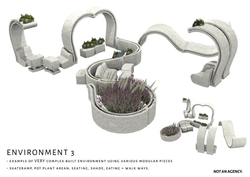 Expansive configuration showcasing multi-use modular systems for seating, shading, and urban greenery.