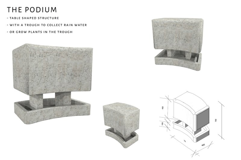 Table-like form featuring built-in troughs for water harvesting and urban planting.