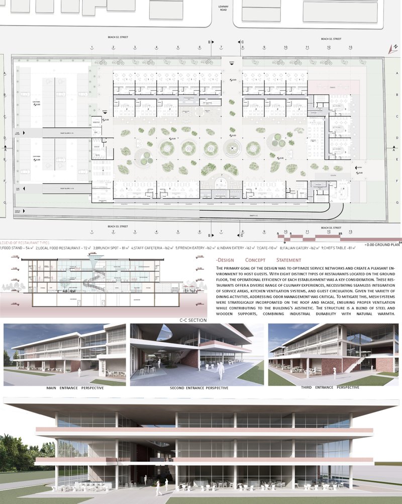 Detailed plan and section illustrating the central courtyard layout and three main entrances connecting public and private spaces.