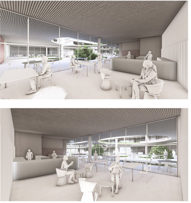 Interior perspectives highlighting the use of natural light, transparent facades, and warm material palettes to enhance comfort.