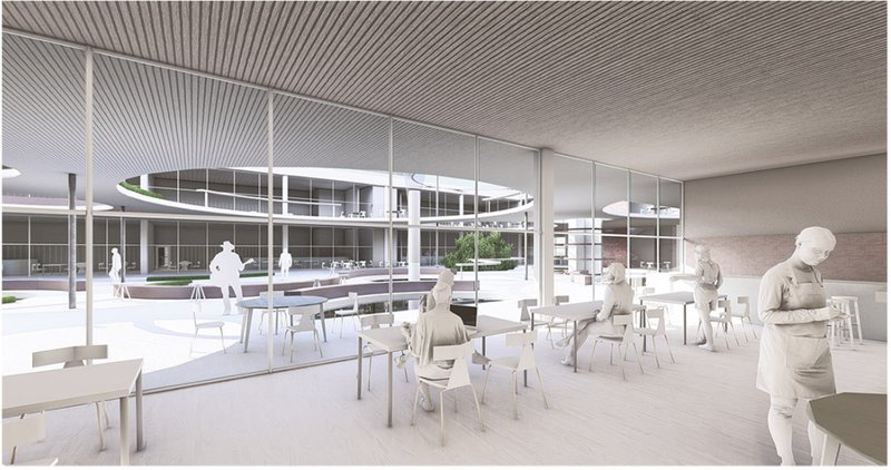 Ground-level dining areas designed for active engagement between chefs and guests, surrounded by greenery and open circulation.