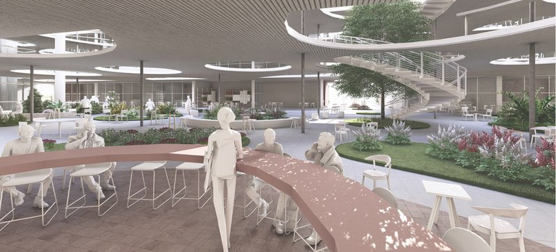 Central green core featuring aromatic plants and adaptive furniture arrangements that encourage community and relaxation.