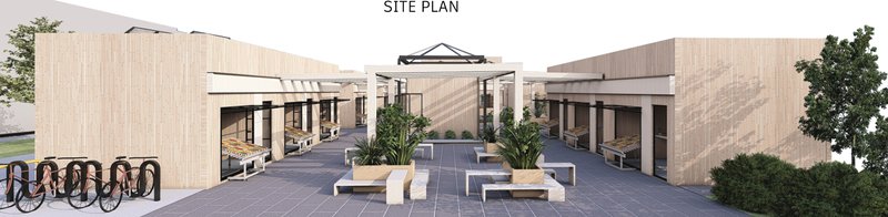 Rendered site plan showing the central courtyard with timber-clad pavilions and bike parking at the perimeter