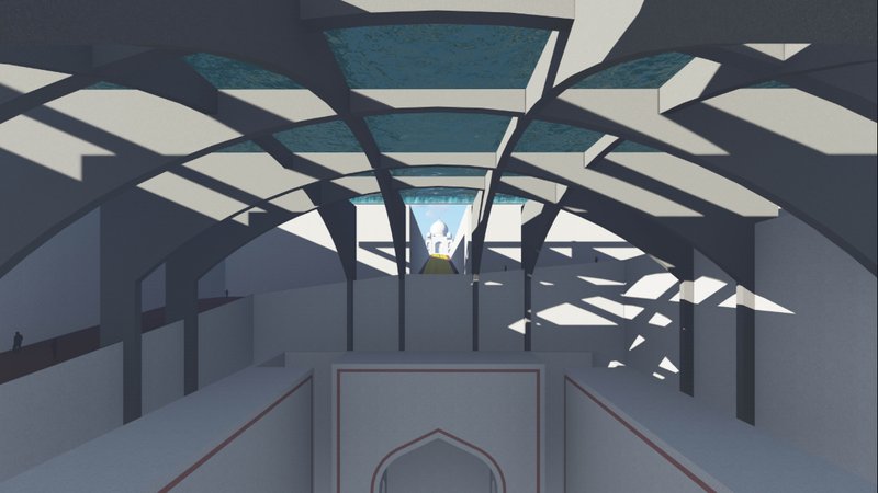 A play of light and shadow defines the spatial rhythm, framing the Taj Mahal through the central axis.