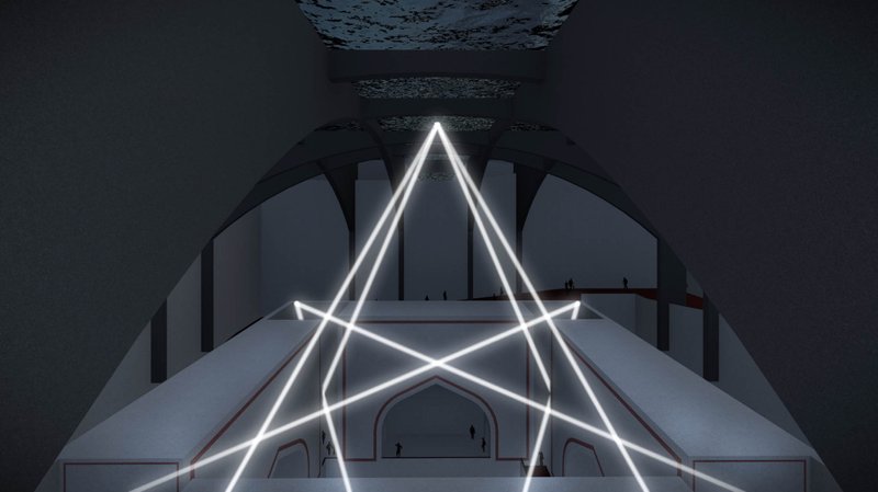 The illuminated lattice transforms the void into a celestial chamber, symbolizing eternal connection between Shah Jahan and Mumtaz.