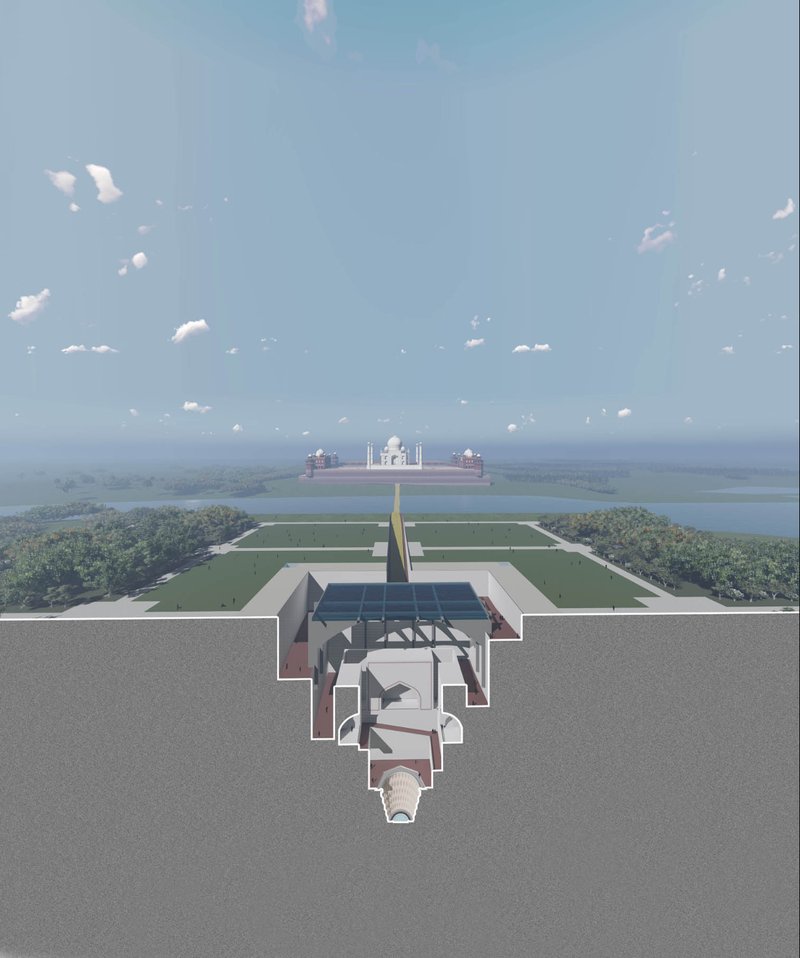 A sectional perspective showing the subterranean intervention aligned precisely with the Taj across the Yamuna.