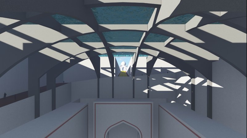 The repeating grid roof structure merges Mughal geometry with contemporary spatial abstraction.