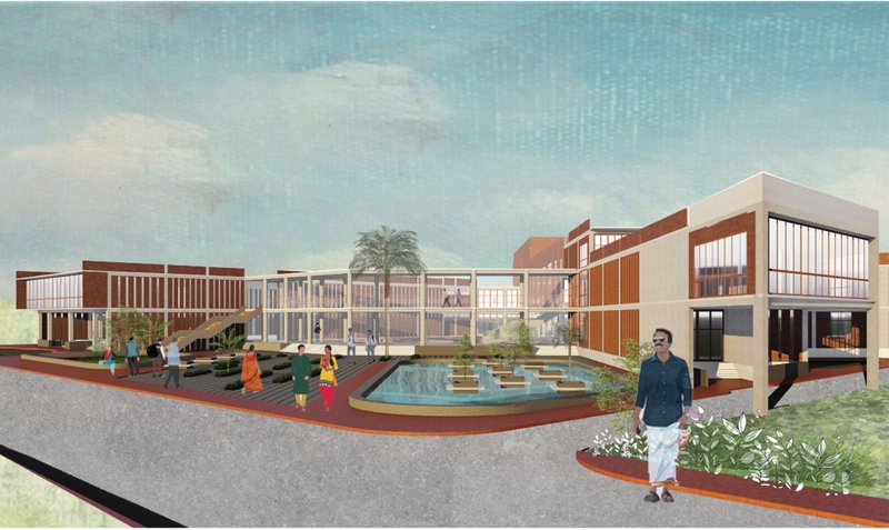 A welcoming plaza with water features and gathering spaces celebrating the openness of Bangladeshi cultural life.