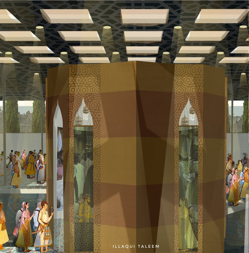 A contemplative learning chamber that merges traditional geometry with contemporary spatial abstraction, reflecting on the pursuit of collective knowledge.