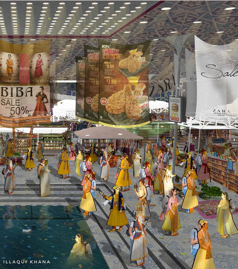 A satirical commentary on consumerism — where Mughal figures navigate modern brandscapes, blurring lines between tradition and commerce.