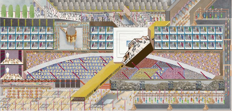 A layered sectional drawing illustrating the urban choreography of the Black Taj — where heritage, capitalism, and culture converge through design.