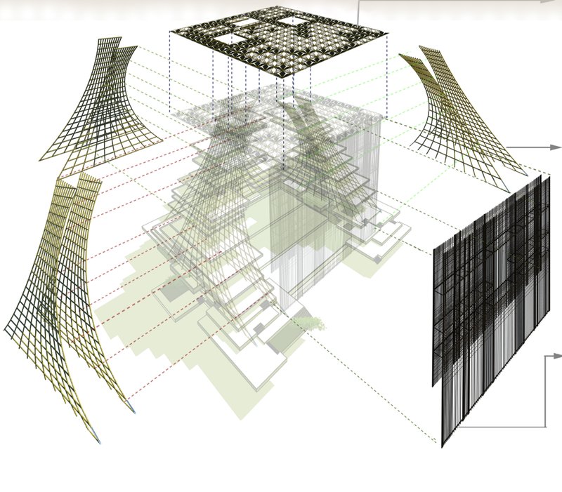 Axonometric diagram showing the structural grids, planted roof and louvered tower components in exploded arrangement