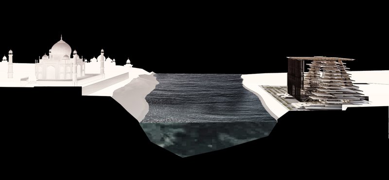 Section drawing illustrating the water treatment basin between the monument and the stacked architectural intervention