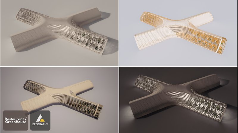 Top and side views of the structure exploring light behavior, material gradients, and the transformation of opacity.