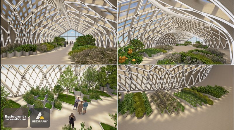 A spatial experience where nature meets geometry; the greenhouse becomes a breathing, evolving biophilic environment.
