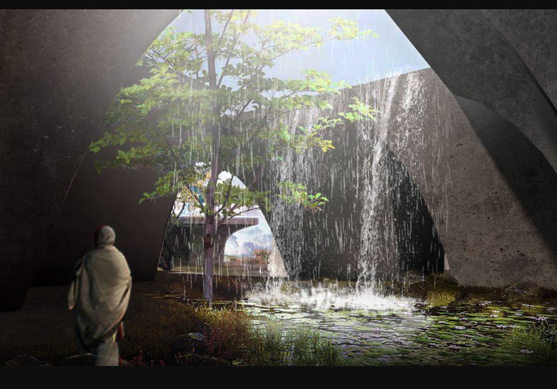 An intimate courtyard where filtered light and cascading water embody renewal, reflecting the project’s ethos of regenerative architecture.