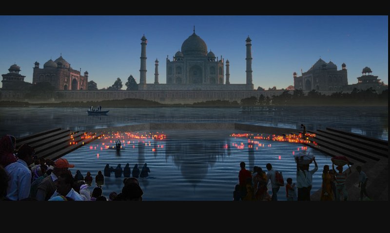 Evening rituals illuminate the river — where reflections of light and devotion construct the mythic presence of the Black Taj.