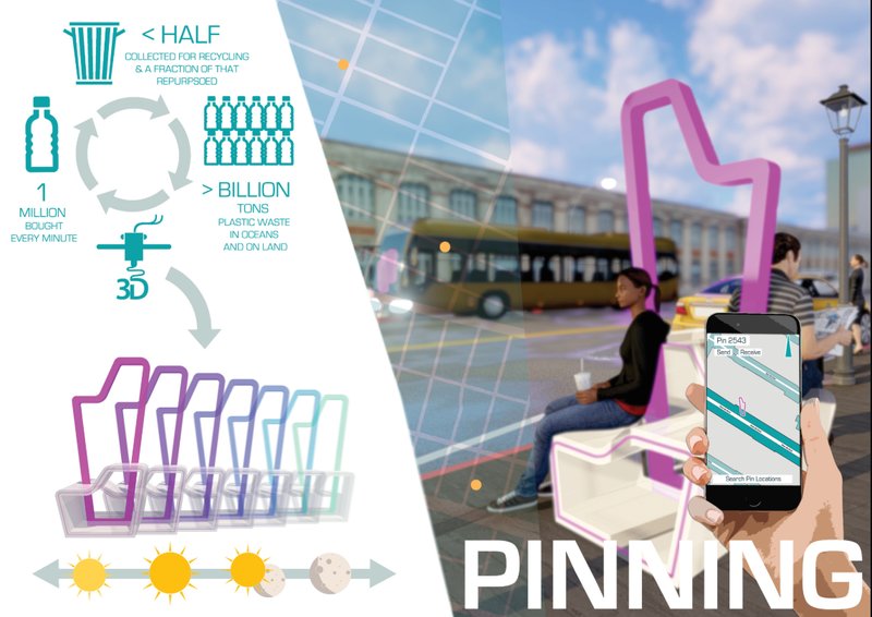 Illustration of The Pin’s circular design process — 3D-printed from recycled plastic waste, promoting sustainable interstitial architecture in cities.