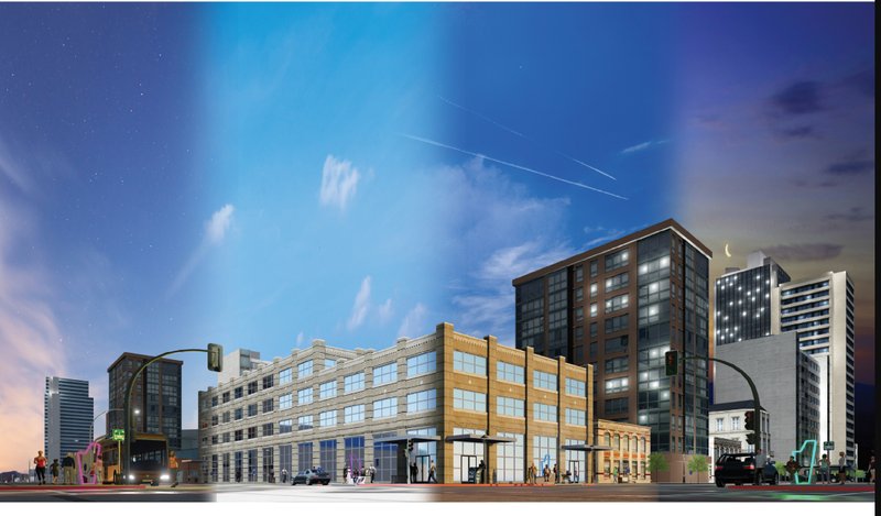 Render showing The Pin evolving through day and night cycles, embodying time-responsive interstitial design within changing cityscapes.