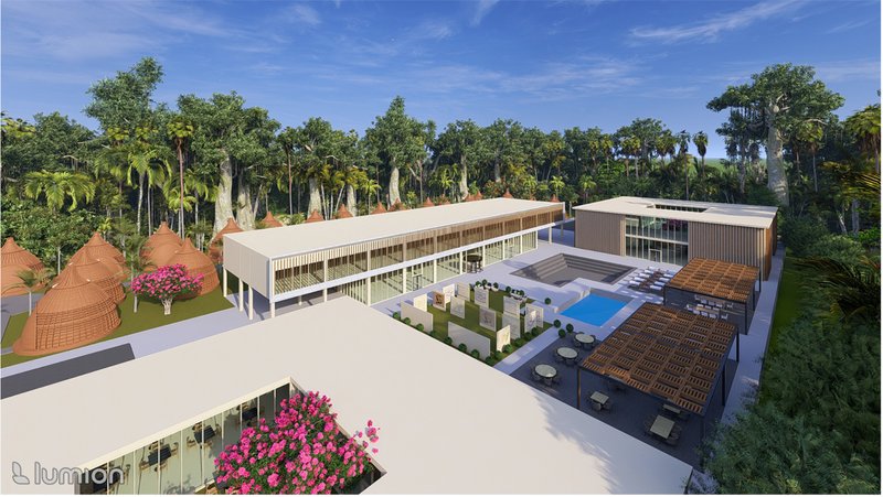 The central plaza surrounded by cultural and hospitality spaces, reflecting the Maya-inspired square geometry.