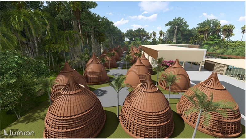 Circular clay villas nestled among tropical vegetation, reinterpreting traditional Maya dwelling forms.