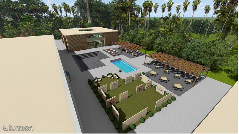 An interactive open courtyard for cultural exchange and relaxation amid lush greenery.