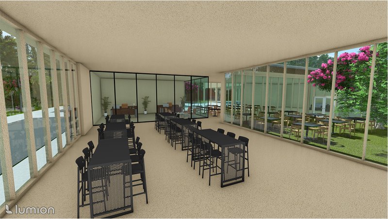 Bright, transparent interiors connecting dining areas with the outdoors for an immersive spatial experience.