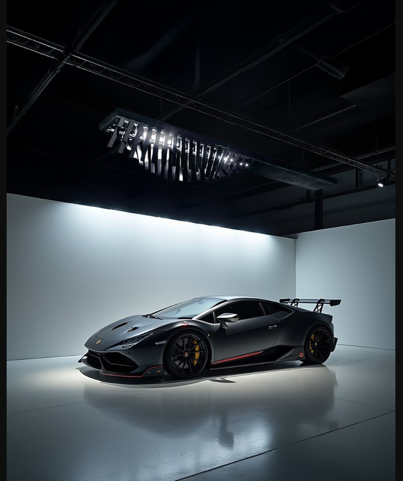 Precision lighting accentuating the sculpted form of a performance car beneath LuxOre’s adaptive structure.