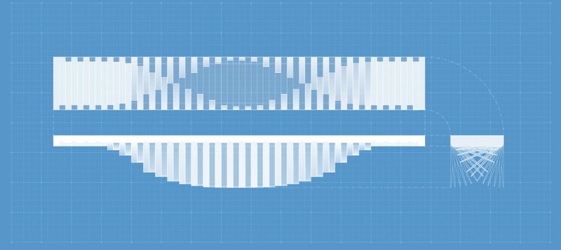Detailed plan of LuxOre’s modular geometry showcasing its kinetic light distribution and motion path.