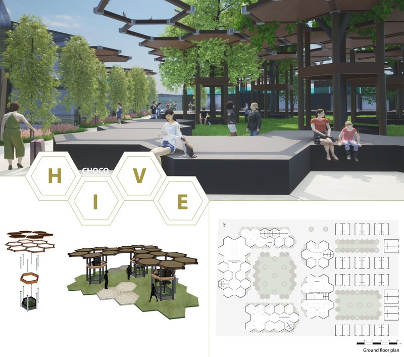 The hexagonal canopy system creates shaded social zones inspired by Maya courtyard architecture.