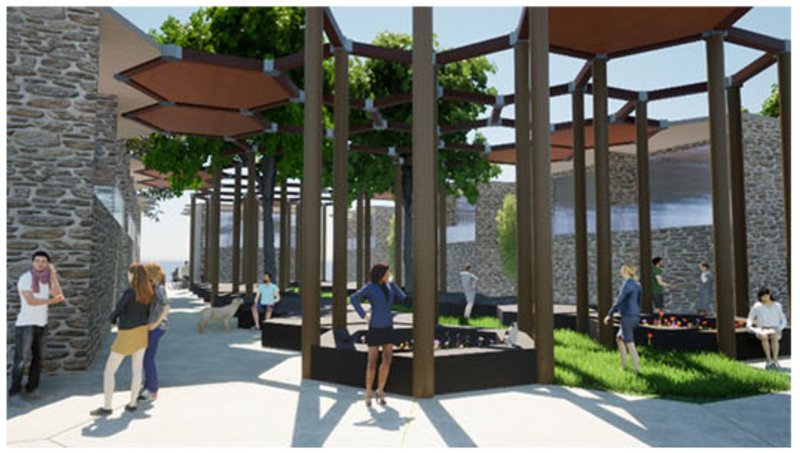 Slender columns and layered canopies create a tactile balance of enclosure and openness.