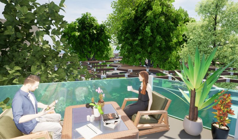 Elevated balconies overlook the resort’s lush cocoa plantations and modular landscape network.