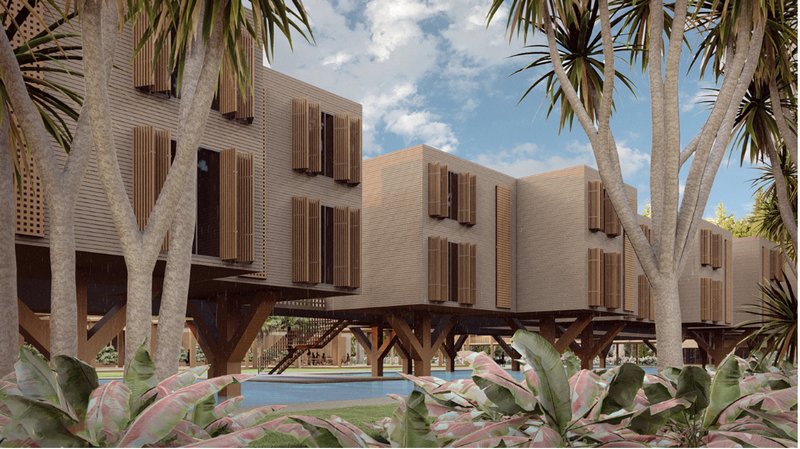 Modular wooden units seamlessly integrated into the cacao grove.