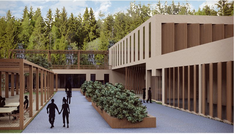 The social heart of ChocoTerra, blending structure, greenery, and human connection.