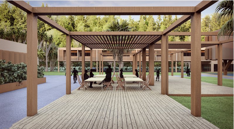 Timber pergolas create open gathering zones that merge hospitality and landscape.