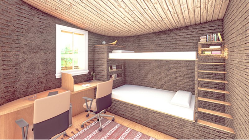 Study space with built-in bed platform, timber shelving and horizontal window overlooking trees