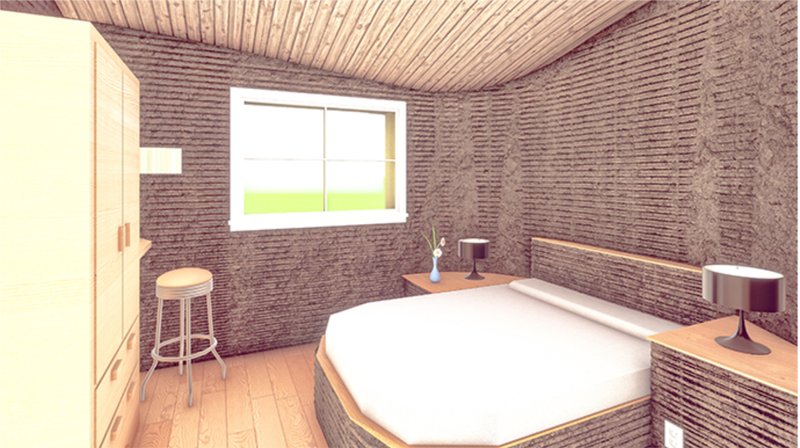 Bedroom with curved rammed earth walls, hexagonal bed platform and horizontal window opening