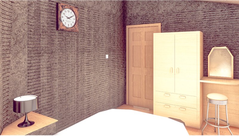 Bedroom corner showing textured earth walls, timber wardrobe and wall-mounted clock above the doorway