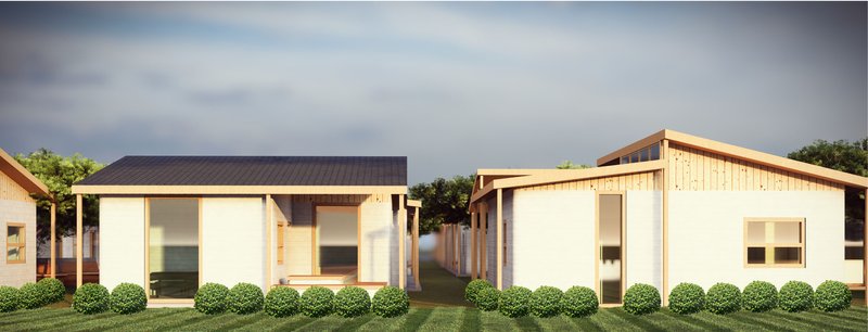 Minimal, 3D-printed housing units with wooden detailing, creating warm, inviting facades for sustainable community living.