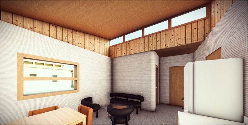 Natural light enhances the 3D-printed textures and wooden finishes, defining a cozy, functional interior layout.