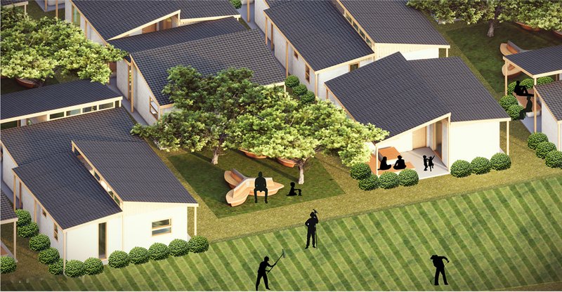 Clustered units arranged around green courtyards—encouraging social interaction and collective farming.