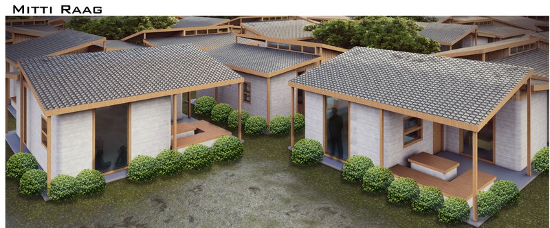 Compact yet dignified 3D-printed homes arranged rhythmically, embodying unity and sustainability.