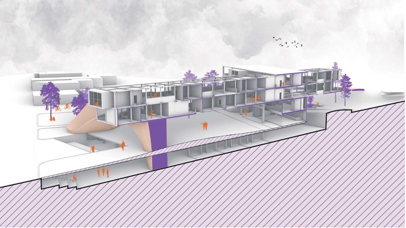 Longitudinal section revealing the interplay between open courtyards, communal zones, and the elevated modular housing grid.