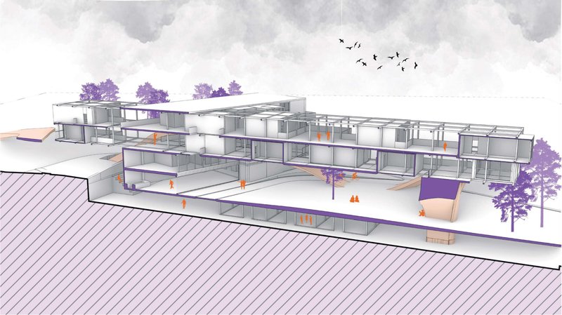 Cross-sectional view highlighting layered living units, dynamic circulation paths, and the visual connection between interior and landscape.