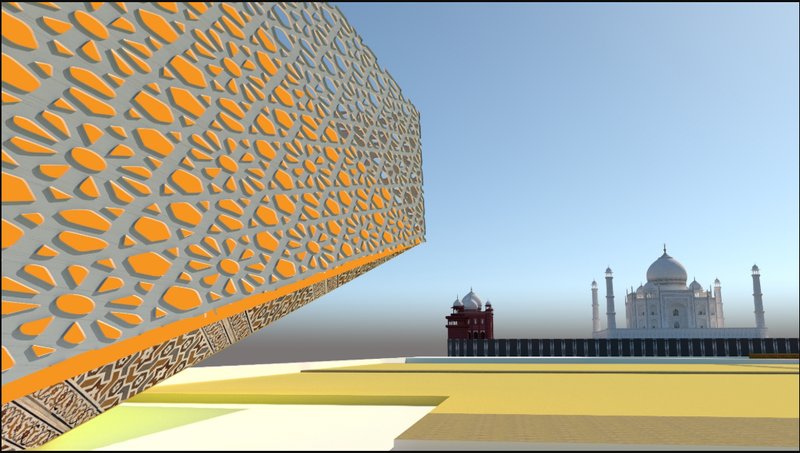 The contemporary pavilion’s perforated façade aligns with the Taj Mahal, creating a dialogue between the old and the new.