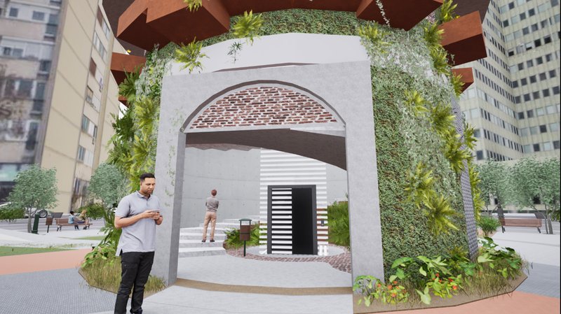 A top-down view reveals the tower’s circular geometry and green pathways that merge landscape and structure seamlessly.