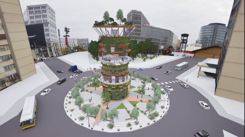 From above, the Douglass Tower stands as a living landmark — merging ecological design with city infrastructure.